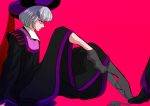  1boy 1girl claude_frollo disney hat maleficent marimo_(yousei_ranbu) no_shoes one_man&#039;s_dream_ii out_of_frame sheer_legwear silver_hair simple_background sitting sleeping_beauty solo_focus stepped_on the_hunchback_of_notre_dame thighhighs_pull 