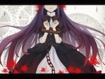  1girl akemi_homura black_hair chain crying dress flower funeral_dress gears head_out_of_frame letterboxed long_hair mahou_shoujo_madoka_magica mahou_shoujo_madoka_magica_movie simple_background solo spider_lily spoilers stocks 