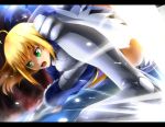  1girl ahoge armor blonde_hair dress fate/stay_night fate_(series) green_eyes highres saber short_hair solo teeth umakatsuhai 