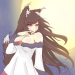  1girl animal_ears breasts brooch brown_hair cube85 dress fingernails full_moon imaizumi_kagerou jewelry long_hair long_sleeves moon red_eyes smile solo tail touhou wolf_ears wolf_tail 