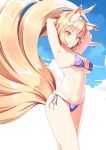  1girl animal_ears armpits arms_ai arms_up bikini blonde_hair breasts fox_ears fox_tail grin highres long_hair multiple_tails orange_eyes purple_bikini smile solo swimsuit tail touhou yakumo_ran 