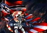  &gt;:( 1girl armband bare_shoulders bismarck_(kantai_collection) blonde_hair blue_eyes breasts burnt_clothes cannon cat daizan_(mount_position) damaged elbow_gloves fire flag frown gloves hand_on_headwear hat highres holding iron_cross japanese_flag kantai_collection long_hair military military_uniform night night_sky outdoors peaked_cap personification rising_sun sky sleeveless smoke solo thighhighs torn_clothes torn_gloves torn_thighhighs underboob uniform zettai_ryouiki 