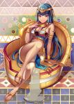  1girl arm_support armband blue_hair bracelet breasts cleavage couch egyptian egyptian_clothes eyeliner headdress jewelry large_breasts legs long_hair makeup navel necklace original sandals sitting smile solo tagme very_long_hair violet_eyes 