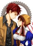  1boy 1girl atelier_(series) atelier_lilie_alchemist_of_salburg_3 brown_eyes brown_hair expressionless eye_contact hair_ribbon hat height_difference juliet_sleeves lilie long_sleeves looking_at_another nakaharaka payot puffy_sleeves ribbon shirt short_hair tress_ribbon vest werner_gretenthal 