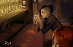  1boy 1girl black_hair black_sclera cup highres itori_(tokyo_ghoul) out_of_frame piercing pub red_eyes redhead signature sitting tattoo tokyo_ghoul uta_(tokyo_ghoul) wine_bottle wine_glass 