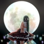  1girl black_background black_hair bow frilled_skirt frills full_moon hand_on_lap hime_cut houraisan_kaguya japanese_clothes long_hair long_skirt long_sleeves marble mokoiscat moon profile reflection sitting skirt solo touhou very_long_hair yokozuwari 