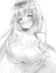  1girl blush breasts character_request cleavage clothes_down copyright_request greyscale hair_ribbon headdress inayama large_breasts long_hair looking_at_viewer monochrome one-piece_swimsuit original ribbon sketch solo swimsuit 