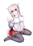  1girl absurdres animal_ears bare_shoulders black_legwear blush breast_hold breasts detached_sleeves fang highres inubashiri_momiji large_breasts looking_at_viewer oohirakeisuke open_mouth pom_pom_(clothes) red_eyes short_hair simple_background sitting solo tail touhou wariza white_background wolf_ears wolf_tail 