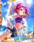  1girl artist_request belt character_name earrings fingerless_gloves gloves idolmaster idolmaster_million_live! jewelry maihama_ayumu multicolored_hair musical_note official_art pink_eyes pink_hair signature 