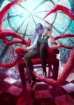  1boy 1girl absurdres black_sclera chair checkered checkered_floor formal hair_over_one_eye hand_on_another&#039;s_face hand_on_shoulder highres kamishiro_rize kaneki_ken long_hair purple_hair red_eyes short_hair smile tentacles tokyo_ghoul white_hair 