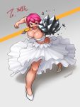  1girl bare_shoulders breasts cleavage cyphers dress jewelry large_breasts necklace nestkeeper pink_hair punching rebecca_rushton slender_waist solo strapless_dress white_dress 
