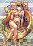  1girl armband blue_hair bracelet breasts cleavage couch crossed_legs egyptian egyptian_clothes eyeliner headdress jewelry large_breasts legs long_hair makeup navel necklace original sandals sitting solo tagme very_long_hair violet_eyes 