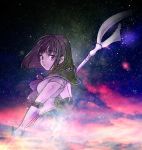  1girl bishoujo_senshi_sailor_moon black_hair bow earrings elbow_gloves expressionless gloves highres jewelry looking_back magical_girl polearm premerit sailor_collar sailor_saturn short_hair silence_glaive solo spear tiara tomoe_hotaru violet_eyes weapon white_gloves 