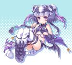  1girl :&lt; :o arm_warmers bat_wings blush boots bow bracelet braid cat_hair_ornament double_bun hair_ornament haku_(p&amp;d) jewelry knees_together_feet_together knees_touching long_hair low_wings magatama midriff multicolored_hair navel open_mouth purple_boots purple_bow purple_hair purple_wings puzzle_&amp;_dragons sato3 shorts silver_hair solo striped striped_legwear tail thigh-highs tiger_tail twin_braids two-tone_hair violet_eyes wings 
