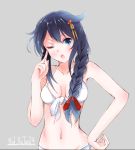  1girl ;o absurdres artist_name bikini black_hair blush braid breasts dated eyelashes finger_to_face front-tie_top grey_background hair_ornament hand_on_hip highres kantai_collection long_hair navel one_eye_closed shigure_(kantai_collection) single_braid solo swimsuit tbd11 white_bikini white_swimsuit 