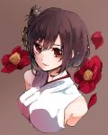  1girl bare_shoulders black_hair breasts brown_background expressionless flower from_above hair_ornament haori japanese_clothes kantai_collection large_breasts lips orange_eyes personification petals ragu_(myan_nyan) red_flower short_hair simple_background sleeveless solo yamashiro_(kantai_collection) 