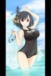  1girl :d arm_up bare_shoulders black_hair black_swimsuit blue_sky breasts bro clouds collarbone covered_navel goggles hair_ornament highres holding kantai_collection large_breasts letterboxed looking_at_viewer name_tag navel open_mouth outdoors partially_submerged personification red_eyes school_swimsuit short_hair sky smile solo swimsuit wading water yamashiro_(kantai_collection) 