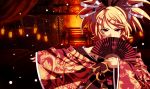  1girl blonde_hair covering_mouth fan folding_fan hair_ornament hairclip highres japanese_clothes kagamine_rin looking_at_viewer off_shoulder outstretched_arm red_eyes short_hair solo tasaka_shinnosuke vocaloid 