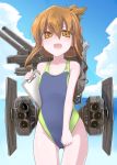 1girl alternate_costume bare_shoulders blush brown_eyes brown_hair cannon clipboard competition_swimsuit gen_ariyoshi hair_up highleg highleg_swimsuit inazuma_(kantai_collection) kantai_collection mecha_musume one-piece_swimsuit smile solo sweatdrop swimsuit turret 