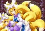  2girls animal_ears blonde_hair dress fox_ears fox_tail hat hat_with_ears kazami_karasu long_sleeves looking_at_viewer mother_and_daughter multiple_girls multiple_tails open_mouth smile tabard tail touhou white_dress wide_sleeves yakumo_ran yellow_eyes 