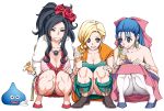  3girls bare_shoulders bianca black_eyes black_hair blonde_hair blue_eyes blue_hair braid breasts cape cleavage crotch_seam deborah dragon_quest dragon_quest_v dress earrings eating feather_boa flora flower food hair_flower hair_ornament highres ice_cream ice_cream_cone jewelry long_hair masayan_(minor-ms) mole multiple_girls neck_ring panties pantyhose pantyshot pantyshot_(squatting) pendant rose single_braid slime_(dragon_quest) smile squatting underwear wavy_mouth white_background white_legwear 