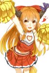  1girl alternate_costume armpits blush bow cheerleader cleavage_cutout flat_chest hair_bow heart highres horns ibuki_suika long_hair looking_at_viewer midriff navel nishiuri open_mouth orange_eyes orange_hair pointy_ears pom_poms simple_background skirt slit_pupils smile solo touhou white_background 