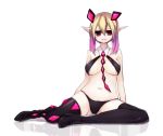  1girl bikini blonde_hair dark_falz_apprentice hair_ornament multicolored_hair muryou necktie phantasy_star phantasy_star_online_2 pointy_ears red_eyes reflective_floor short_hair sitting smile swimsuit two-tone_hair 