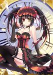  1girl bare_shoulders black_hair breasts broken_glass cleavage clock clock_eyes date_a_live dress glass gothic_lolita grin gun hairband heterochromia highres lolita_fashion lolita_hairband long_hair long_skirt looking_at_viewer red_eyes ribbon skirt smile solo tokisaki_kurumi twintails weapon yellow_eyes 