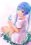  1girl blue_eyes blue_hair from_behind grass hatsune_miku long_hair looking_back mebin popsicle revision sitting solo twintails vocaloid 