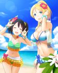  2girls \n/ ayase_eli beach bikini bikini_skirt black_hair blonde_hair blue_bikini blue_eyes breasts closed_eyes collar crop_top flower flower_on_head frilled_skirt frills front-tie_bikini front-tie_top hair_tussle hands height_difference light_particles long_hair looking_at_viewer love_live!_school_idol_project midriff multicolored_bikini multiple_girls ocean open_mouth outdoors ponytail scrunchie short_twintails skirt sleeveless sleeveless_shirt small_breasts smile swimsuit tsuchifumazu twintails water yazawa_nico 