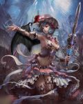  1girl adapted_costume armor bat_wings bikini_armor blue_hair embellished_costume fantasy frilled_skirt frills looking_to_the_side midriff mob_cap navel outstretched_arm parted_lips red_eyes remilia_scarlet short_hair skirt solo sword thigh_gap touhou watermark weapon web_address wings yuudai_(oromizu) 