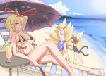  3girls animal_ears arm_over_head beach beach_chair bikini bikini_skirt black_bikini blonde_hair blue_bikini breasts brown_hair cat_ears cat_tail chen closed_eyes collarbone earrings evil_smile fox_ears fox_tail hairband hat highres jewelry long_hair looking_at_another looking_at_viewer lying multiple_girls multiple_tails ocean on_back one-piece_swimsuit parasol red_eyes short_hair side-tie_bikini smile straw_hat swimsuit tail touhou umbrella underboob yakumo_ran yakumo_yukari 