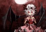  ascot bat_wings brooch bust cross dress frilled_dress frills fugu_(hg2gie) full_moon graveyard hands_on_own_chest jewelry looking_at_viewer mob_cap moon pink_dress red_eyes red_sky remilia_scarlet silver_hair sky smile touhou wings 