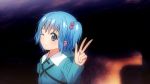  1girl backpack bag blue_eyes blue_hair bust dress eyebrows_visible_through_hair hair_bobbles hair_ornament kawashiro_nitori key long_sleeves looking_at_viewer mikomiko_(mikomikosu) no_hat no_headwear one_eye_closed pocket short_hair short_twintails smile solo touhou twintails v wink 