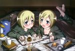  2girls :d absurdres blanket blonde_hair blue_eyes book cup eating erica_hartmann glasses highres lantern lying muffin mug multiple_girls nyantype on_bed on_stomach open_mouth pajamas pocky reading short_hair siblings sisters smile strike_witches twins ursula_hartmann 