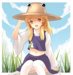  1girl blonde_hair blue_sky clouds grass hand_on_headwear hat highres knees_together long_sleeves looking_at_viewer midriff moriya_suwako navel open_mouth shirt sitting sitting_on_rock skirt skirt_set sky smile solo thigh-highs touhou vest white_legwear white_shirt x&amp;x&amp;x yellow_eyes 