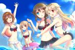  4girls bikini blonde_hair blue_eyes braid brown_hair hair_ornament hairband hairclip highres hug innertube joujou kantai_collection long_hair multiple_girls murasame_(kantai_collection) navel ocean red_eyes scarf shigure_(kantai_collection) shiratsuyu_(kantai_collection) short_hair shorts single_braid sky smile swimsuit twintails water yellow_eyes yuudachi_(kantai_collection) 