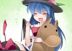  1girl ^_^ blue_hair blush bow bust closed_eyes commentary_request food fruit hammer_(sunset_beach) hat hinanawi_tenshi horse_head long_hair open_mouth peach smile solo touhou whip 
