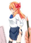  1girl akata_itsuki black_legwear blush bow breasts gekkan_shoujo_nozaki-kun hair_bow long_hair notebook orange_hair pencil sakura_chiyo school_uniform solo_focus violet_eyes 