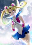  1girl artist_name backlighting bishoujo_senshi_sailor_moon bishoujo_senshi_sailor_moon_crystal blonde_hair blue_eyes blue_skirt choker crescent_moon double_bun earrings elbow_gloves facial_mark floating_hair forehead_mark gloves hair_ornament hairclip jewelry long_hair looking_at_viewer magical_girl moon moon_stick moonlight parted_lips sailor_moon sanae_(chana) skirt skirt_lift solo tsukino_usagi twintails 