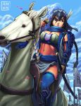  1girl armor banner black_hair blue_legwear breasts brown_eyes cleavage cup eyelashes feathers forehead_protector greaves hair_feathers highres horse katana large_breasts lips midriff navel original riding ryu_shou sarong scarf sheath sheathed solo spaulders sword thigh-highs vambraces weapon 