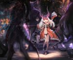  1girl barefoot birdcage blush cage chain cuffs demon_girl demon_tail fang gloves horns long_hair multicolored_hair navel observerz open_mouth original pointy_ears purple_hair red_eyes shackles silver_hair skull solo_focus tail two-tone_hair 