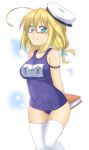  1girl ahoge arm_behind_back blonde_hair blue_eyes blush book breasts glasses hat i-8_(kantai_collection) kantai_collection kazawa_(tonzura-d) looking_at_viewer red-framed_glasses school_swimsuit short_hair smile swimsuit thigh-highs white_legwear 
