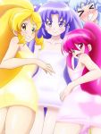 4girls aino_megumi blonde_hair blue_hair blush clenched_teeth cure_fortune cure_honey cure_lovely cure_princess grin happinesscharge_precure! highres hikawa_iona long_hair looking_at_viewer magical_girl mameshiba multiple_girls oomori_yuuko open_mouth pink_eyes pink_hair ponytail precure purple_hair pushing_away shirayuki_hime smile towel violet_eyes yellow_eyes 