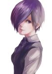  1girl formal hair_over_one_eye kirishima_touka necktie purple_hair short_hair smile solo tokyo_ghoul violet_eyes white_background 