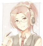  1girl brown_eyes brown_hair glasses ha-ru10 hange_zoe headphones looking_at_viewer necktie semi-rimless_glasses sennheiser shingeki_no_kyojin short_hair smile solo sweater_vest 