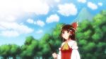  1girl :o ascot bare_shoulders blue_sky blush bow breasts broom brown_hair bust cloud clouds cloudy_sky detached_sleeves dress eyebrows_visible_through_hair forest frilled_shirt_collar frills hair_bow hair_ornament hair_tubes hakurei_reimu holding_stick long_hair looking_afar looking_away mikomiko_(mikomikosu) mountain nature open_mouth red_dress ribbon ribbon-trimmed_sleeves ribbon_trim sky solo touhou tree 