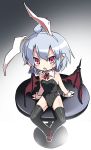  1girl ahoge animal_ears bat_wings blue_hair blush bunnysuit from_above hat high_heels noya_makoto pointy_ears rabbit_ears red_eyes remilia_scarlet short_hair sitting_on_object solo thigh-highs touhou wings wrist_cuffs 