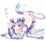  1girl adapted_costume all_fours arm_support arm_warmers ass blush bra braid breasts cat_hair_ornament cleavage double_bun fang full_body hair_ornament haku_(p&amp;d) knees_together_feet_apart knees_touching kouzuki_yui long_hair looking_at_viewer multicolored_hair open_mouth panties purple_bra purple_hair purple_panties purple_ribbon puzzle_&amp;_dragons ribbon shadow simple_background solo striped striped_legwear tail tail_ornament tail_ribbon text thigh-highs tiger_print tiger_tail top-down_bottom-up twin_braids two-tone_hair underwear violet_eyes white_background white_hair yin_yang 