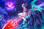  1girl bat_wings bow clouds cloudy_sky dress from_below hat hat_bow hddkwar highres looking_at_viewer looking_down mob_cap moon night night_sky red_moon remilia_scarlet scarlet_devil_mansion sky solo spear_the_gungnir touhou tree wings 